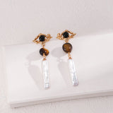 Tiger Eye Stone Long Baroque Pearl Earrings - floysun