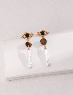 Tiger Eye Stone Long Baroque Pearl Earrings - floysun