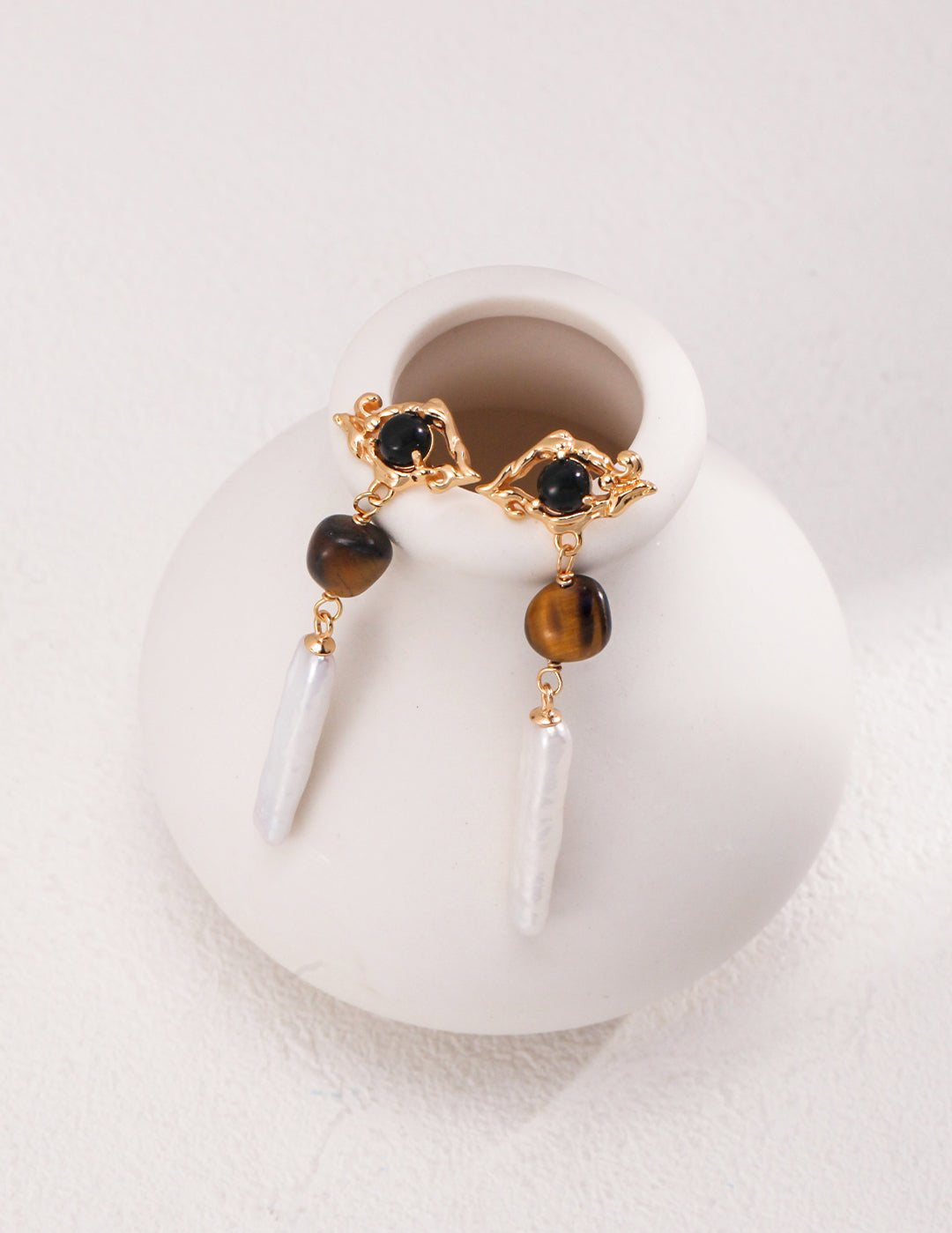 Tiger Eye Stone Long Baroque Pearl Earrings - floysun