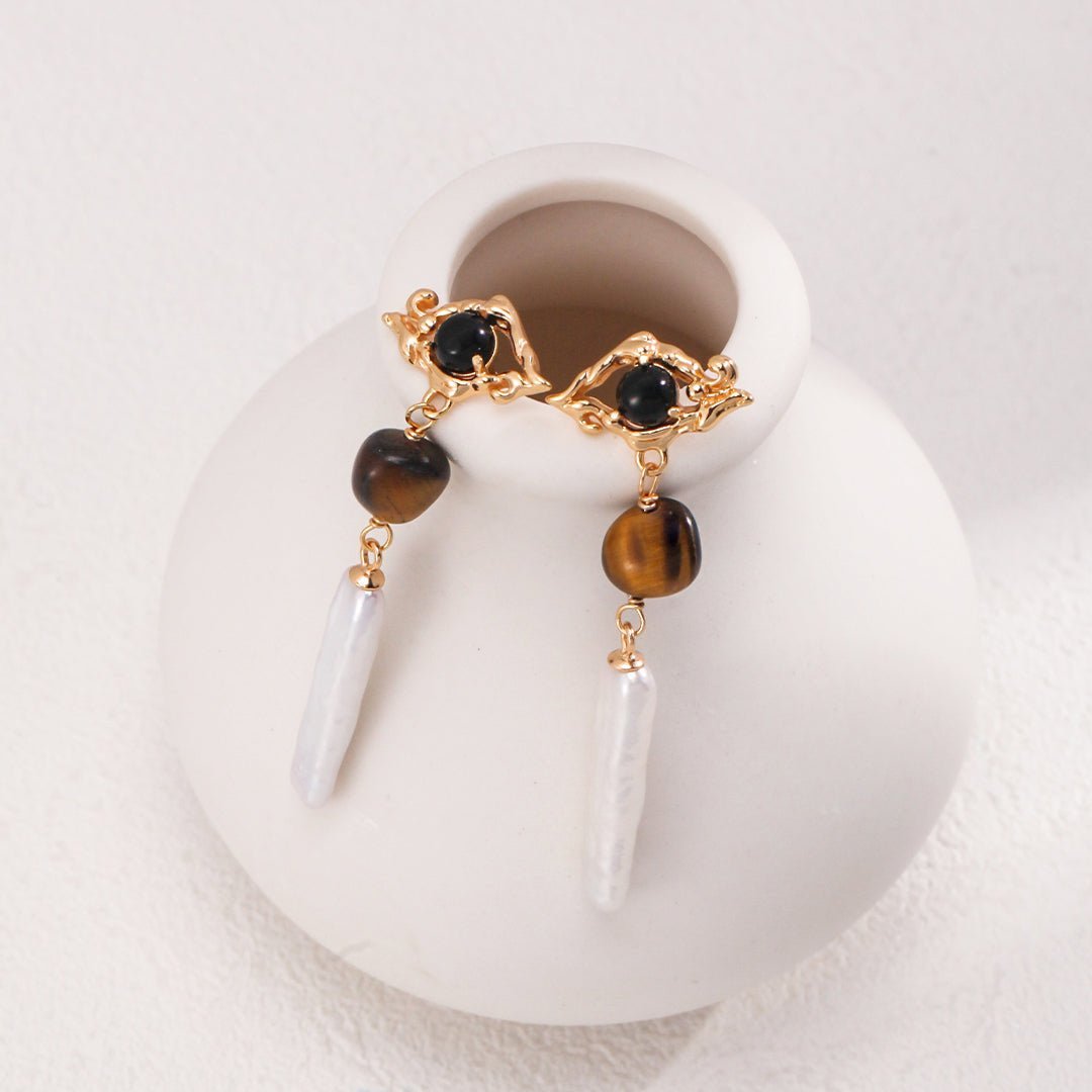 Tiger Eye Stone Long Baroque Pearl Earrings - floysun