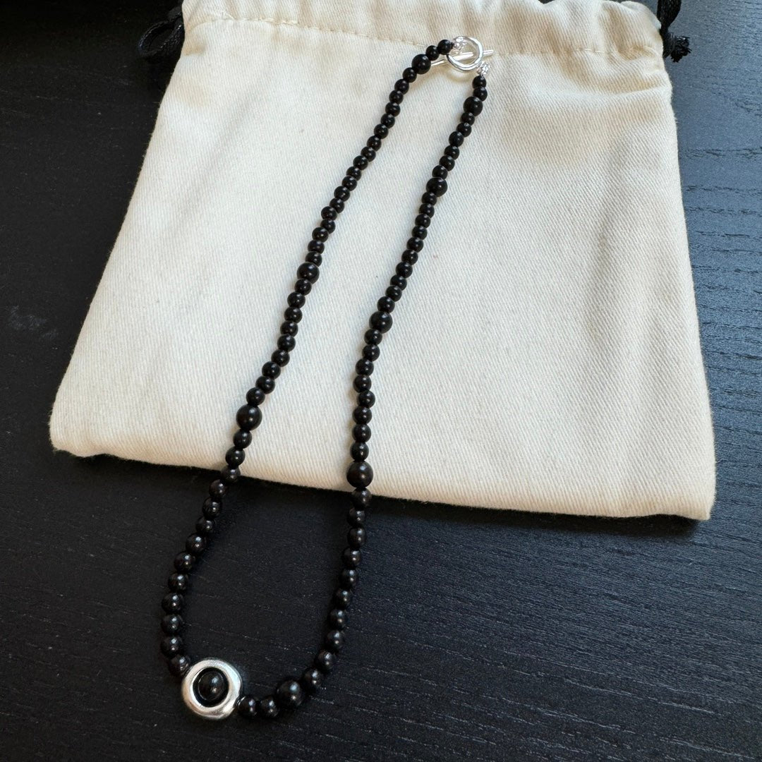 Tree Hole Design Ebony Bead 925 Sterling Silver Necklace - floysun