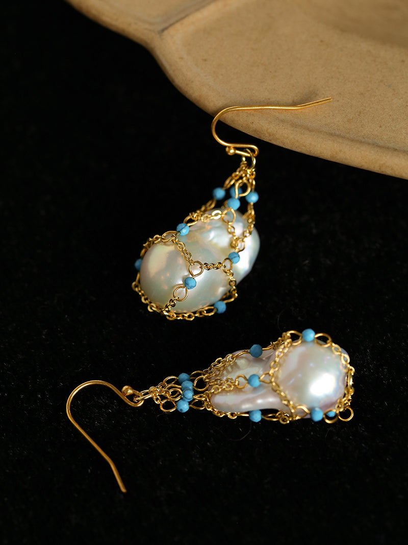 Turquoise & Baroque Pearl Pendant Earrings - floysun