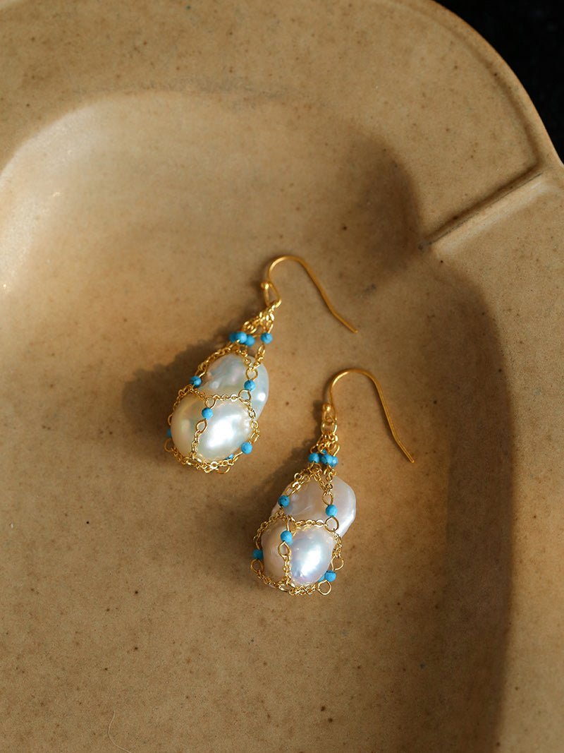 Turquoise & Baroque Pearl Pendant Earrings - floysun