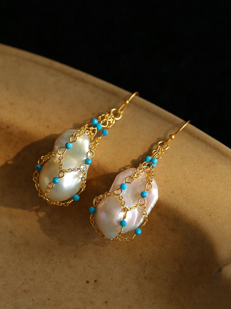 Turquoise & Baroque Pearl Pendant Earrings - floysun