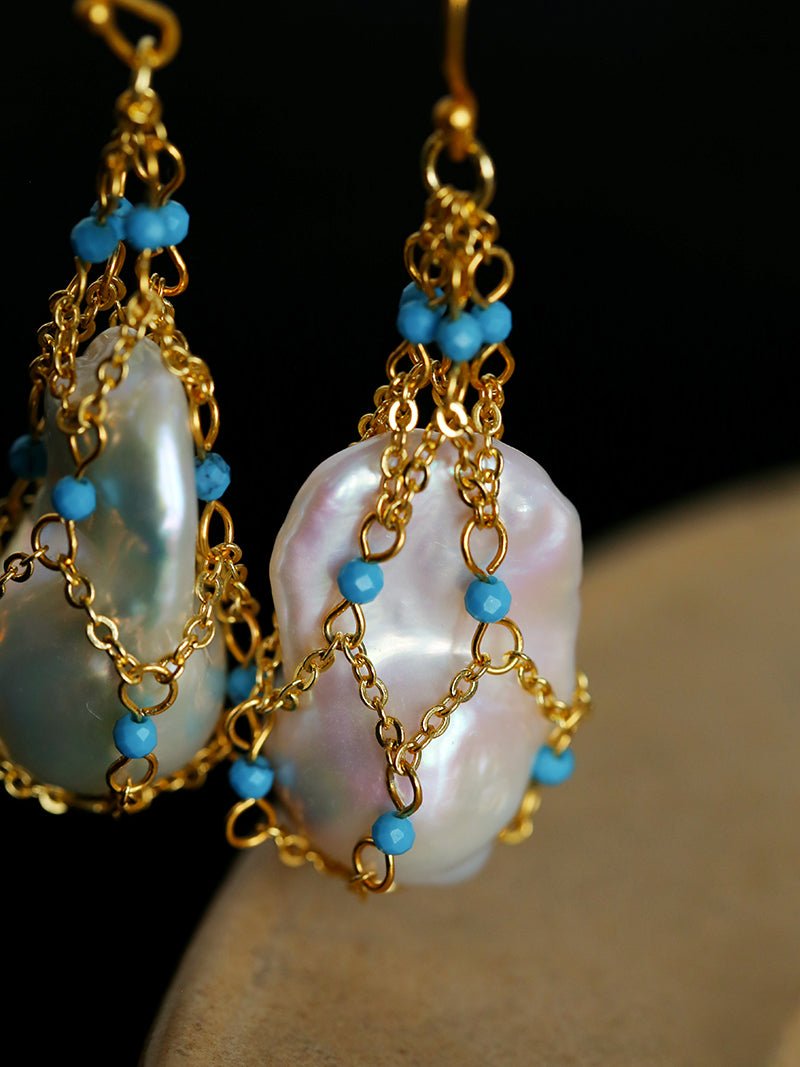 Turquoise & Baroque Pearl Pendant Earrings - floysun