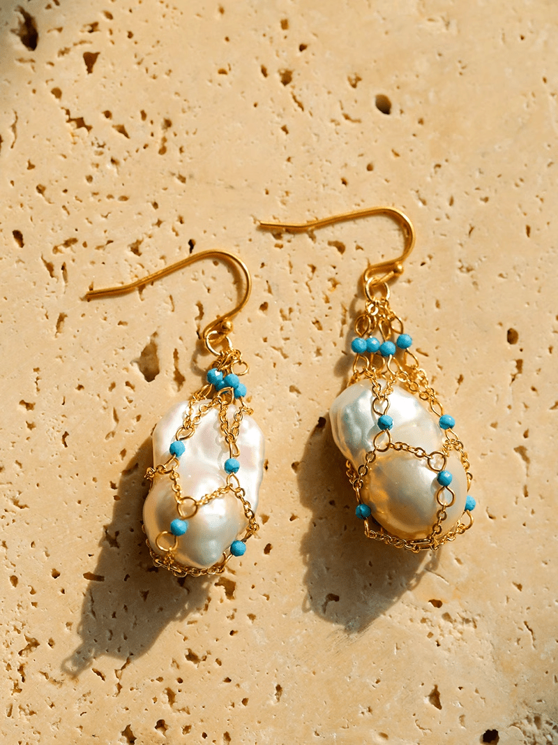 Turquoise & Baroque Pearl Pendant Earrings - floysun