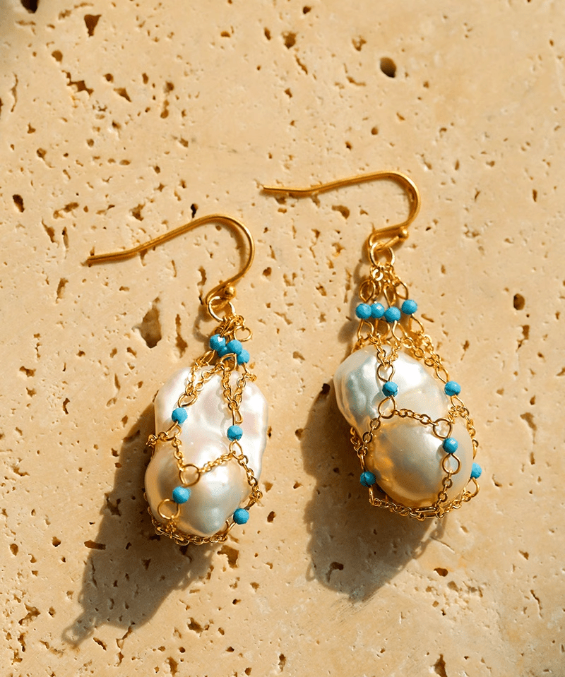 Turquoise & Baroque Pearl Pendant Earrings - floysun