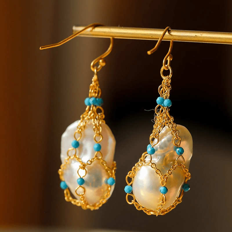 Turquoise & Baroque Pearl Pendant Earrings - floysun