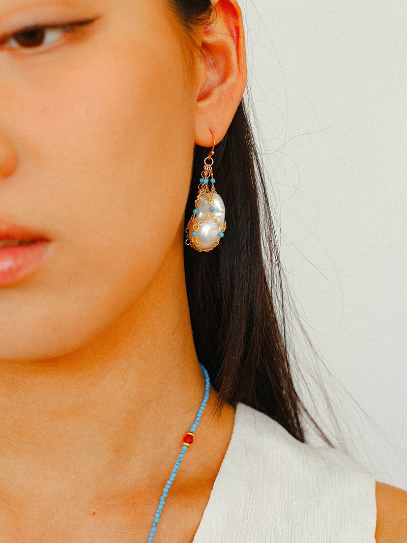 Turquoise & Baroque Pearl Pendant Earrings - floysun