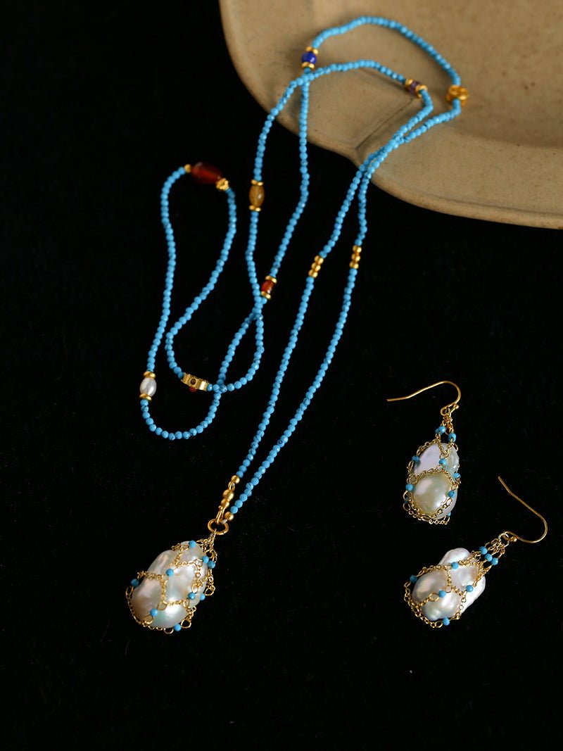 Turquoise & Baroque Pearl Pendant Earrings - floysun