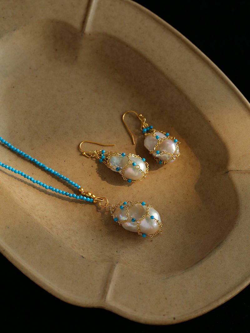 Turquoise & Baroque Pearl Pendant Net Necklace - floysun