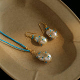 Turquoise & Baroque Pearl Pendant Net Necklace - floysun