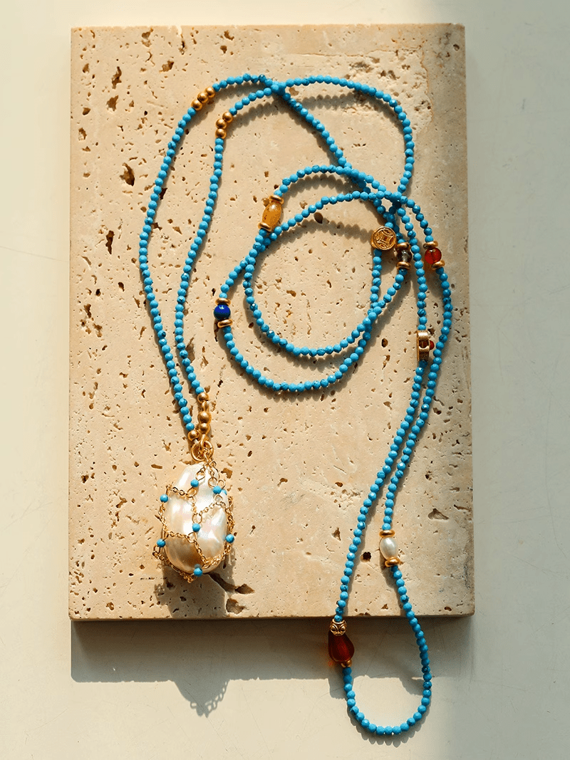 Turquoise & Baroque Pearl Pendant Net Necklace - floysun