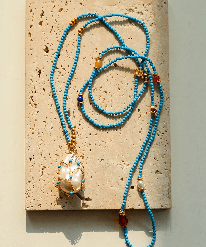 Turquoise & Baroque Pearl Pendant Net Necklace - floysun