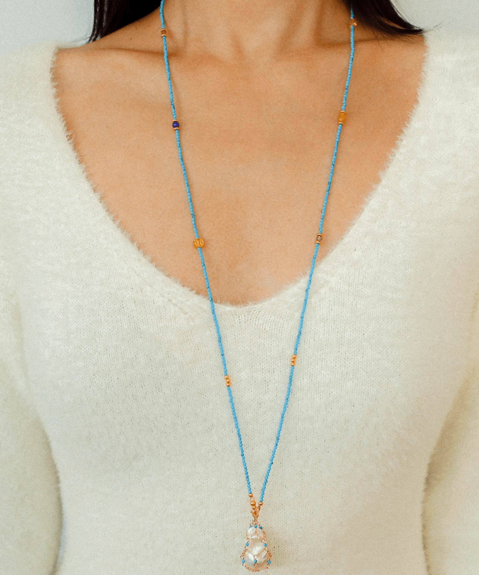 Turquoise & Baroque Pearl Pendant Net Necklace - floysun