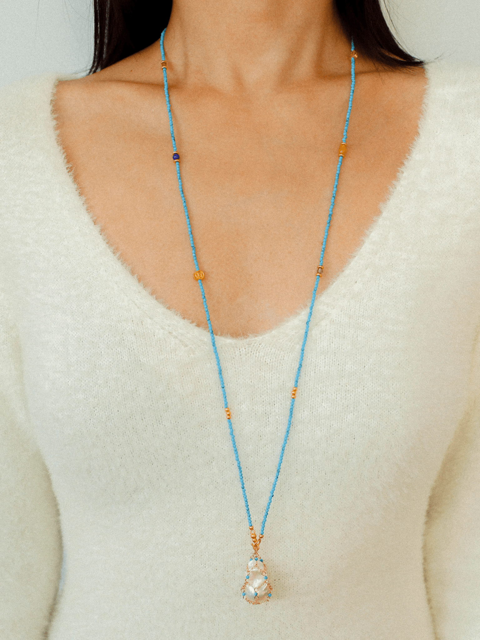 Turquoise & Baroque Pearl Pendant Net Necklace - floysun