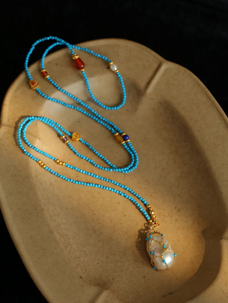 Turquoise & Baroque Pearl Pendant Net Necklace - floysun