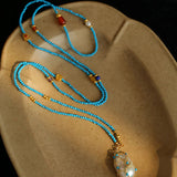 Turquoise & Baroque Pearl Pendant Net Necklace - floysun