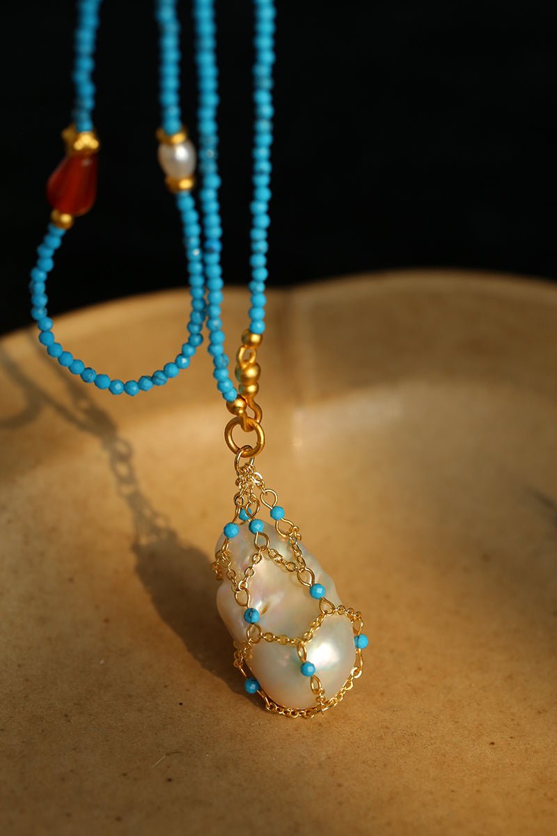 Turquoise & Baroque Pearl Pendant Net Necklace - floysun