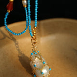 Turquoise & Baroque Pearl Pendant Net Necklace - floysun