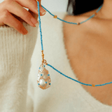 Turquoise & Baroque Pearl Pendant Net Necklace - floysun