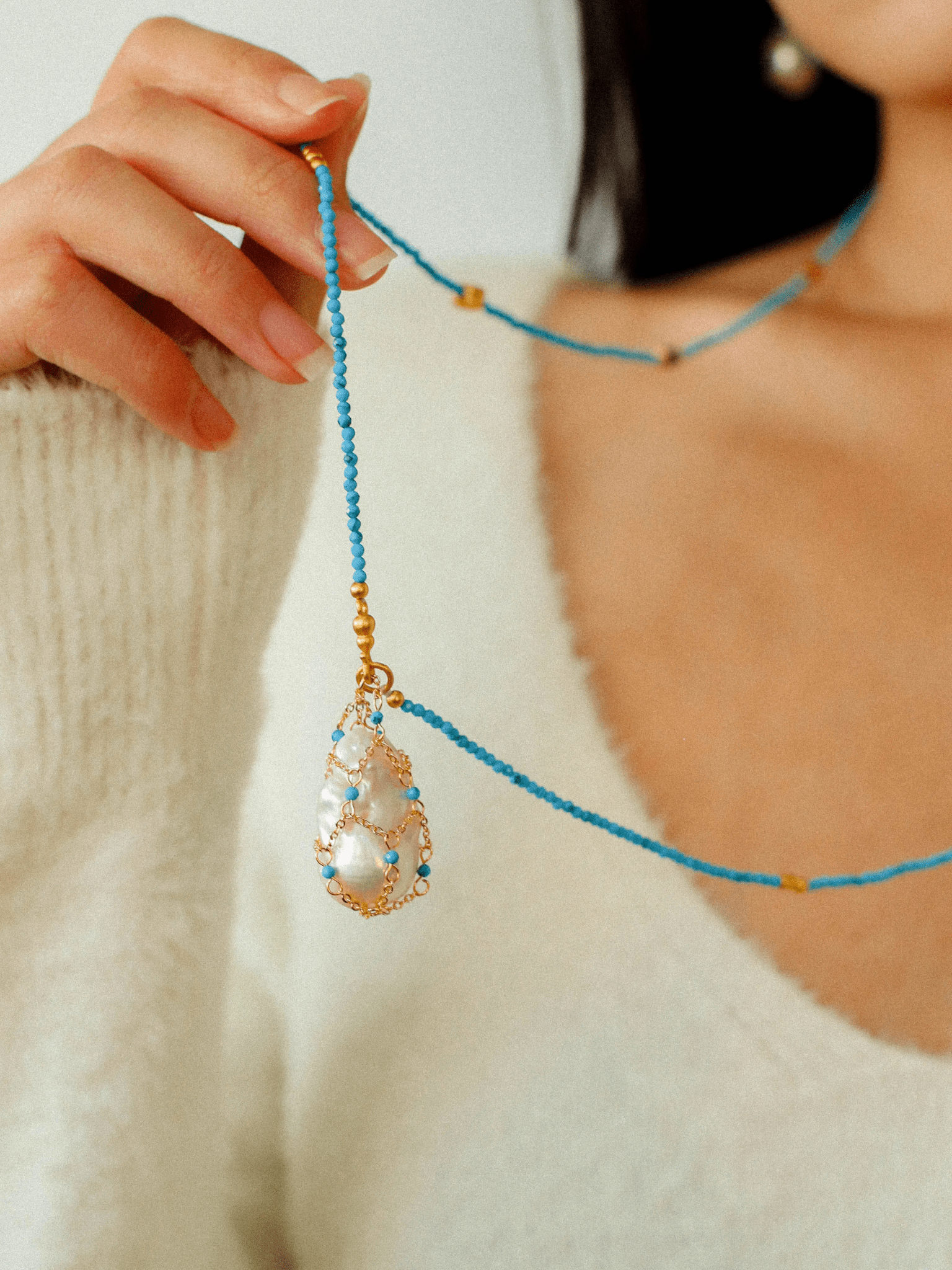 Turquoise & Baroque Pearl Pendant Net Necklace - floysun