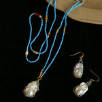 Turquoise & Baroque Pearl Pendant Net Necklace - floysun