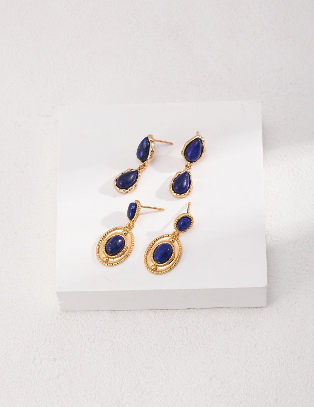 Two Drop - shaped Gold Lapis Lazuli Earrings - floysun