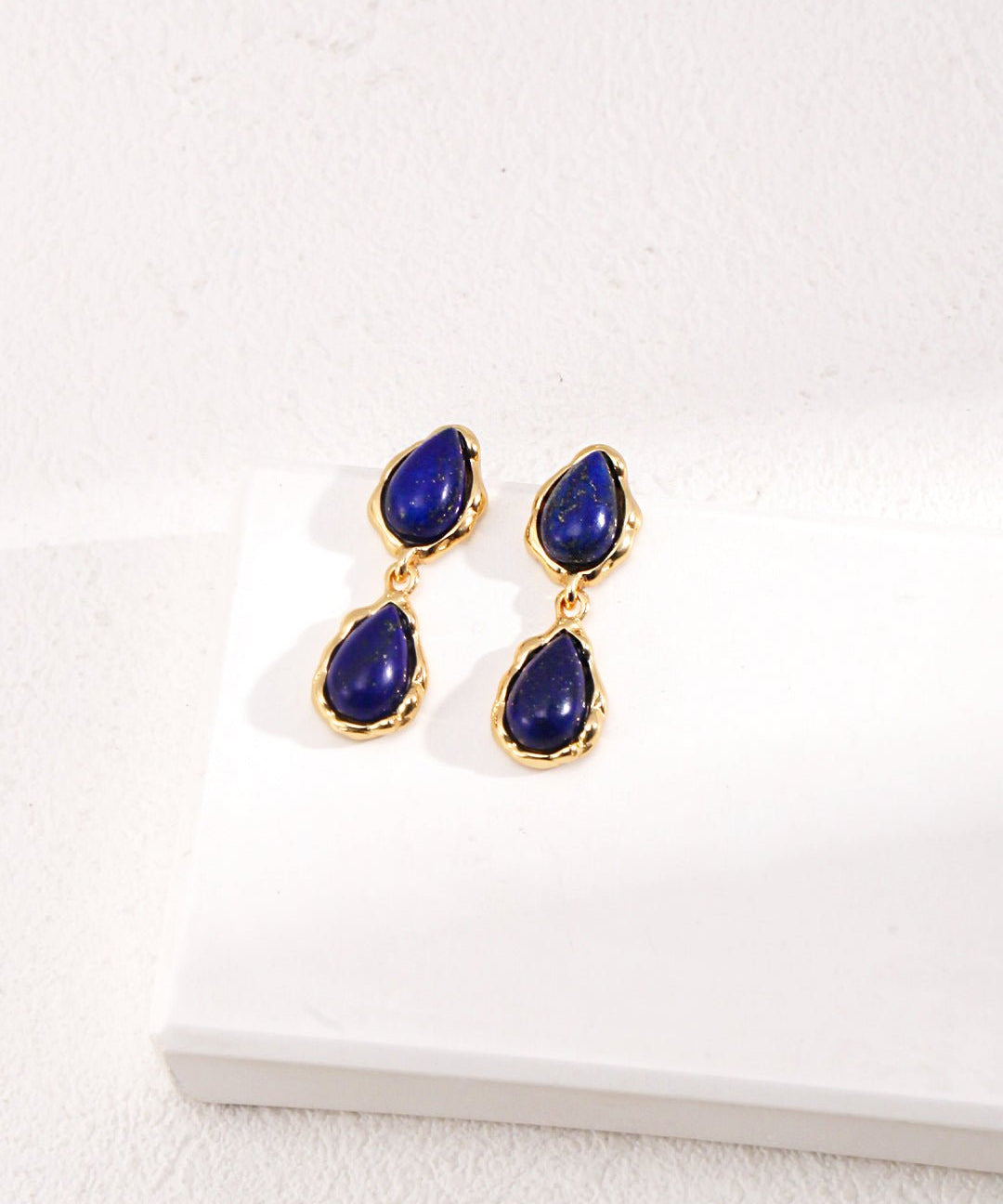 Two Drop - shaped Gold Lapis Lazuli Earrings - floysun