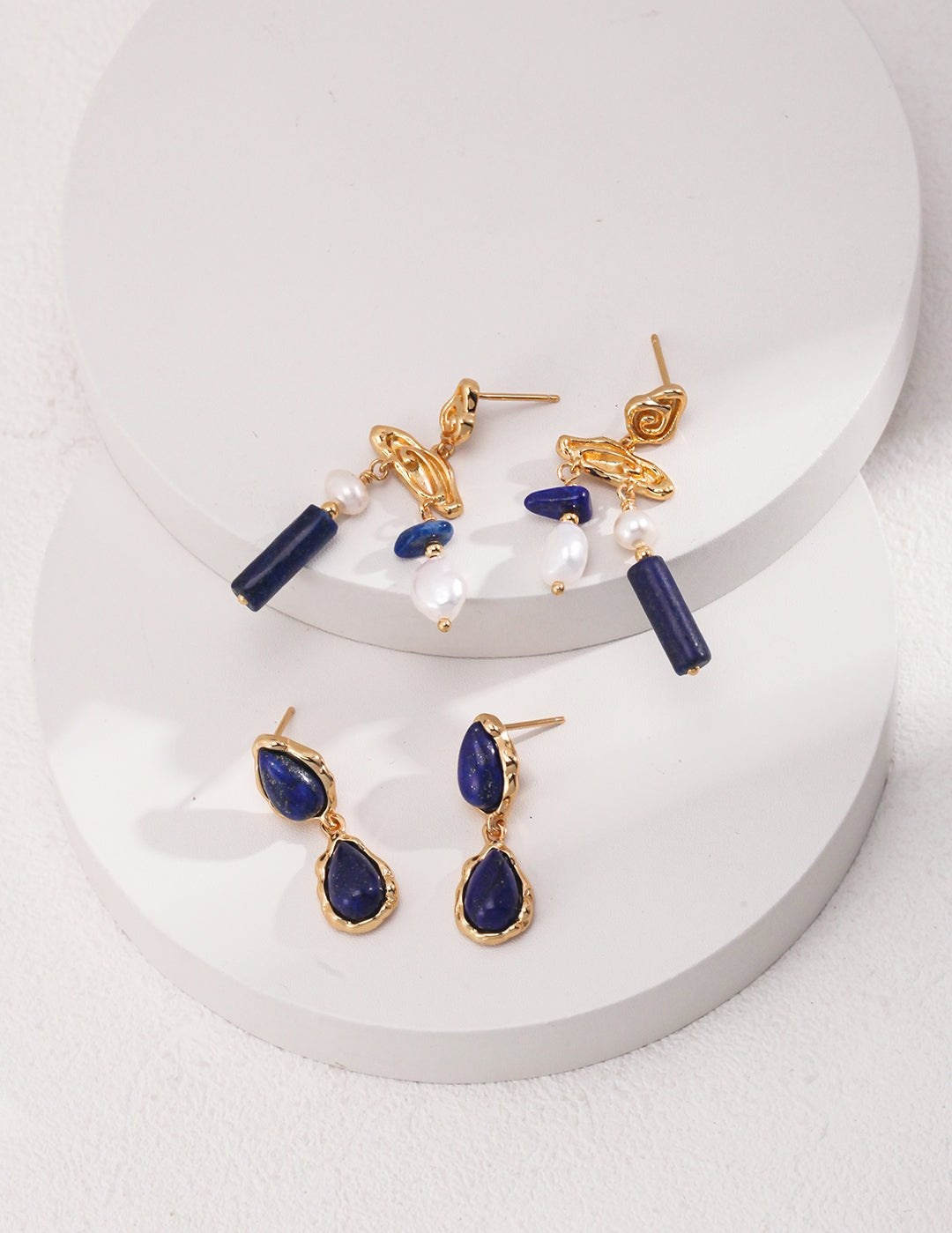 Two Drop - shaped Gold Lapis Lazuli Earrings - floysun