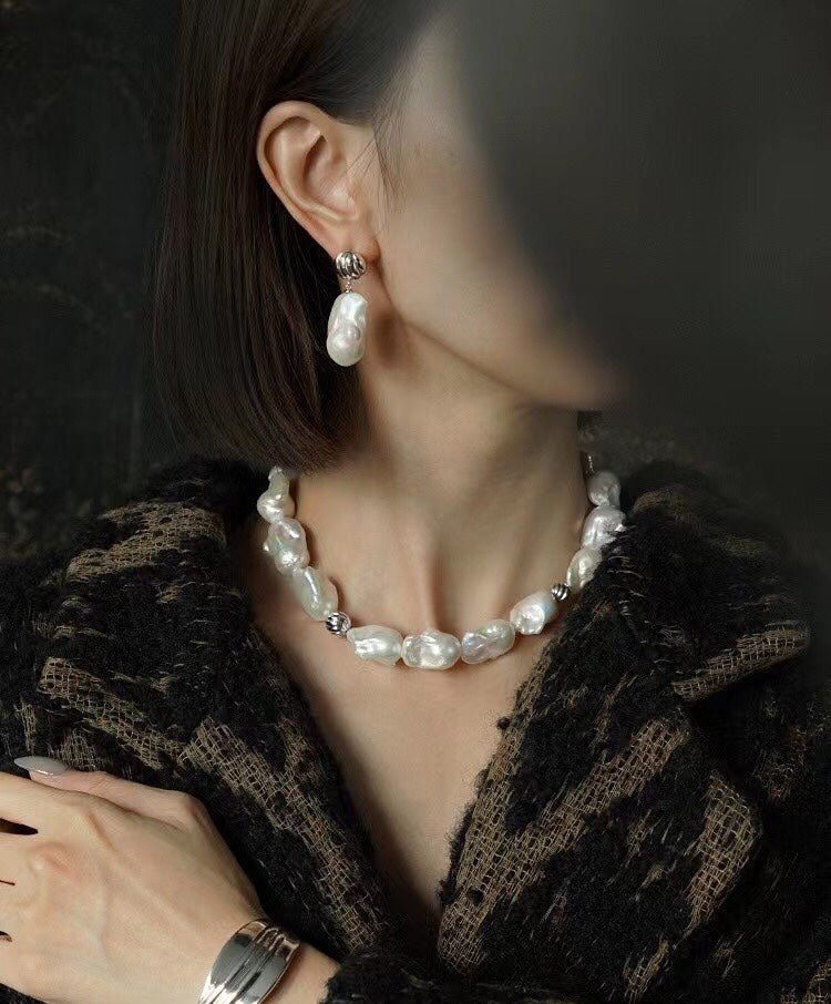 Undercurrent Silver Shell Baroque Pearl Drop Earrings - floysun