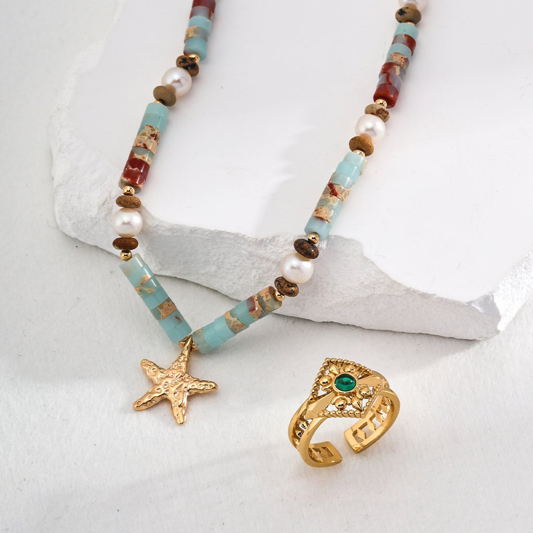 Underwater World Gemstone Starfish Pendant Necklace - floysun