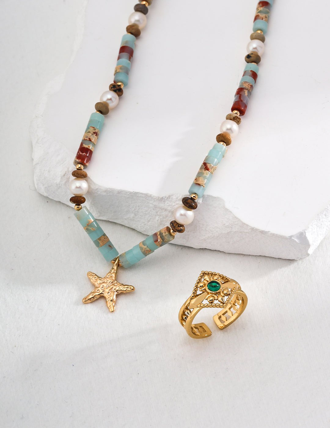 Underwater World Gemstone Starfish Pendant Necklace - floysun