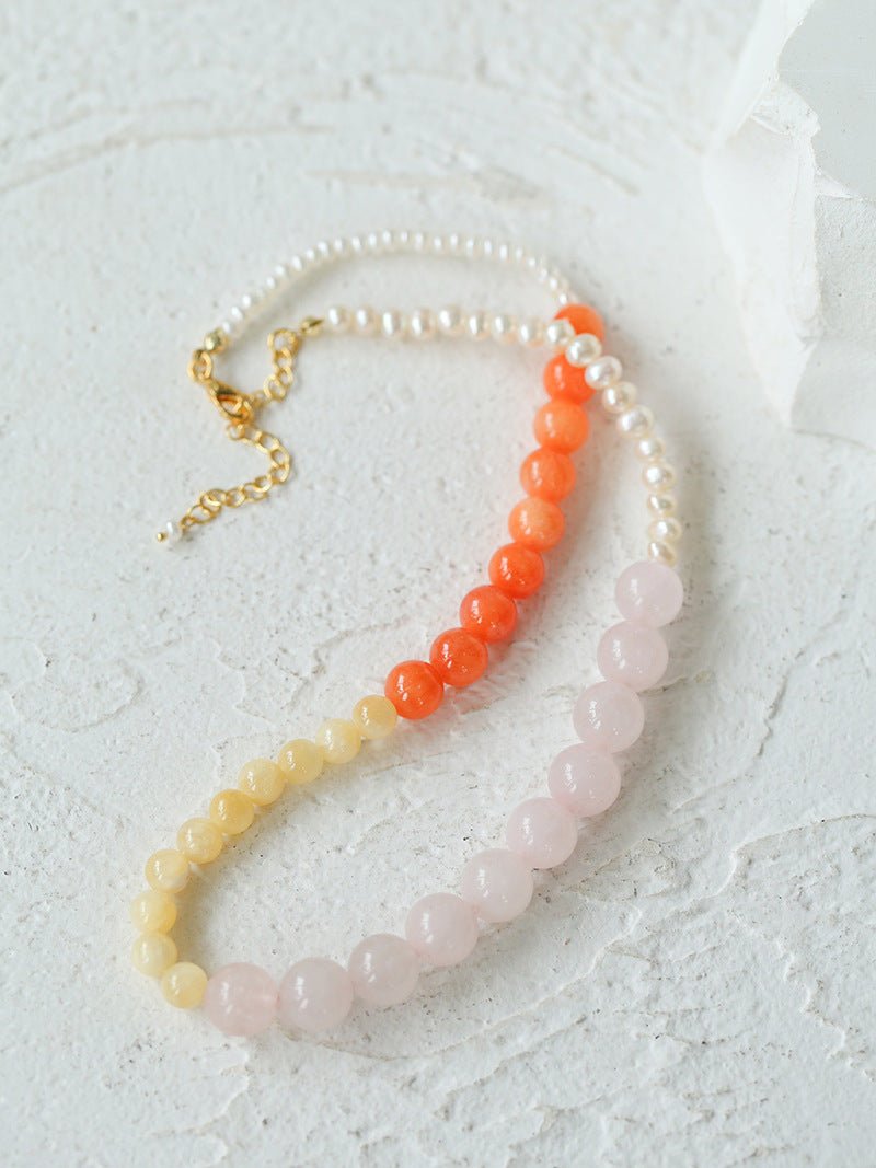 Vibrant Multicolored Gemstone and Pearl Beaded Necklace - Orange Pink Necklace - floysun