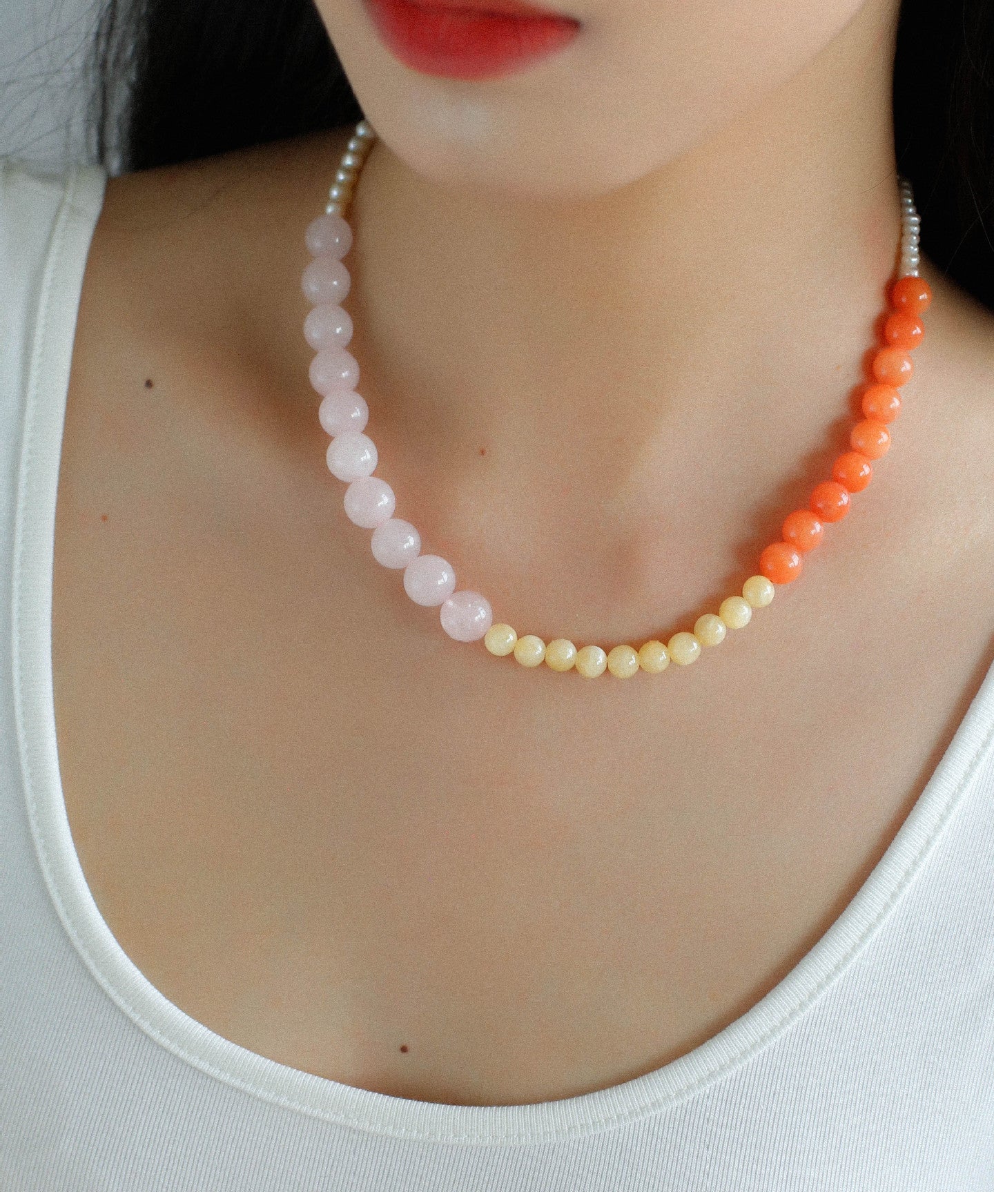 Vibrant Multicolored Gemstone and Pearl Beaded Necklace - Orange Pink Necklace - floysun