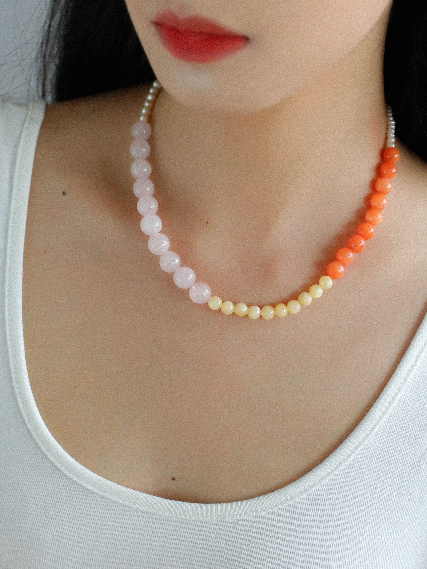 Vibrant Multicolored Gemstone and Pearl Beaded Necklace - Orange Pink Necklace - floysun