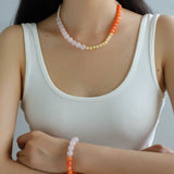 Vibrant Multicolored Gemstone and Pearl Beaded Necklace - Orange Pink Necklace - floysun