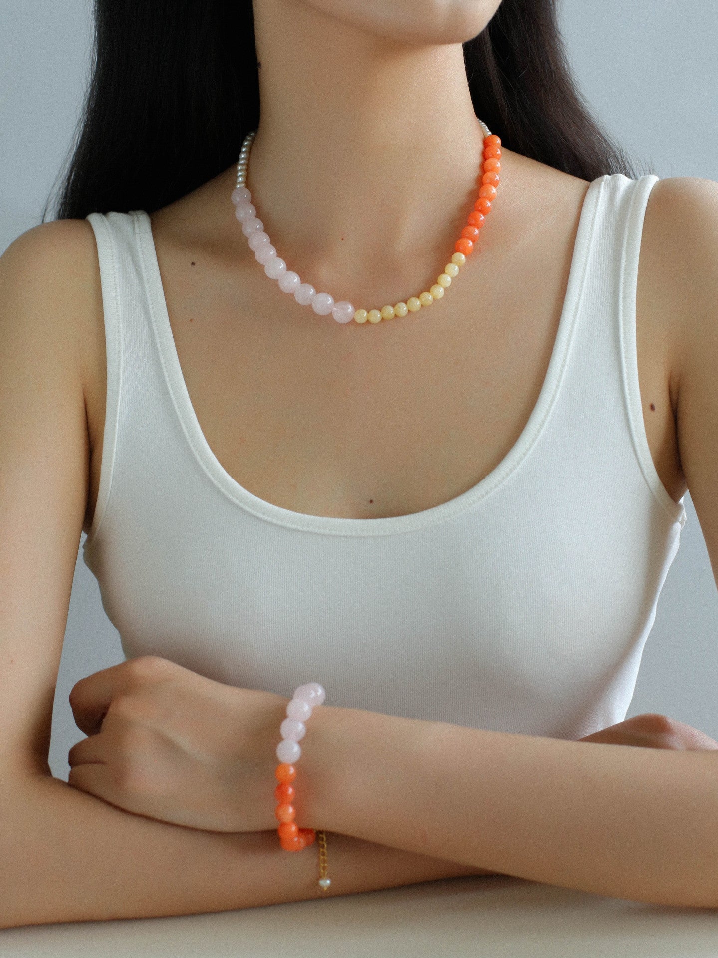 Vibrant Multicolored Gemstone and Pearl Beaded Necklace - Orange Pink Necklace - floysun