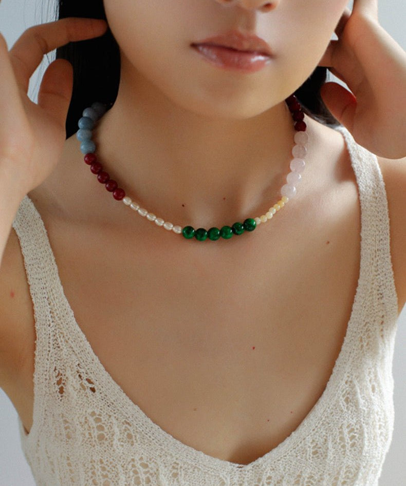 Vibrant Multicolored Gemstone and Pearl Beaded Necklace - Red Green Necklace - floysun