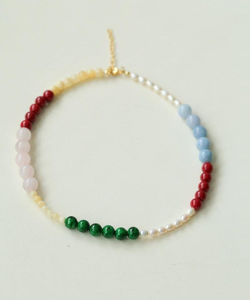 Vibrant Multicolored Gemstone and Pearl Beaded Necklace - Red Green Necklace - floysun