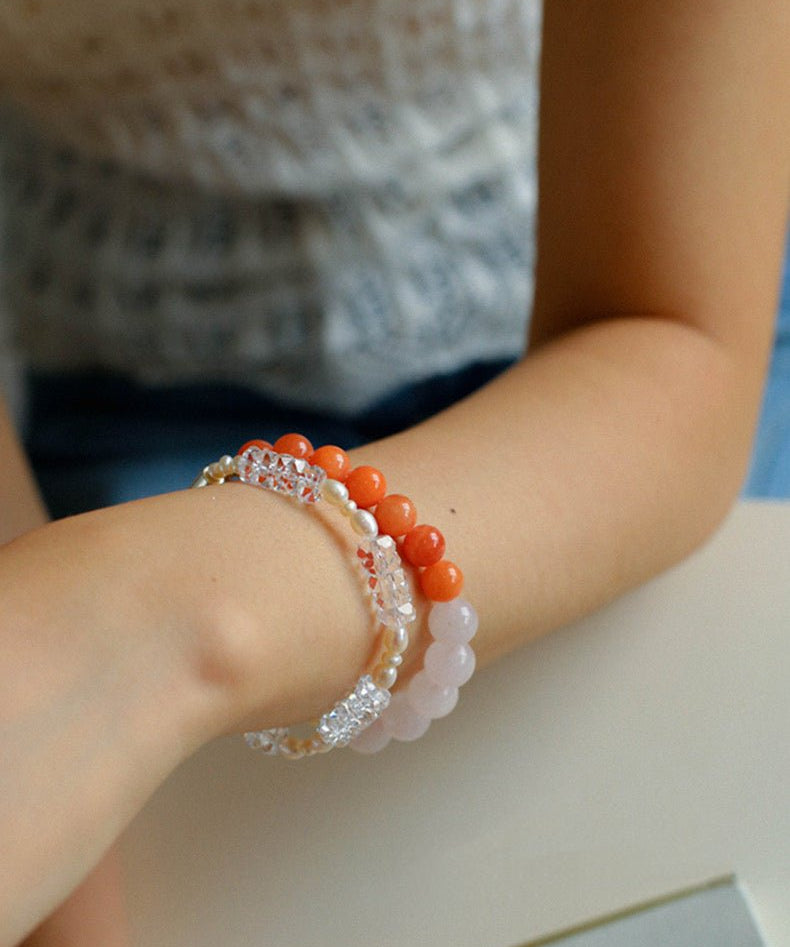 Vibrant Multicolored Gemstone Beaded Bracelet - Orange Pink Bracelet - floysun