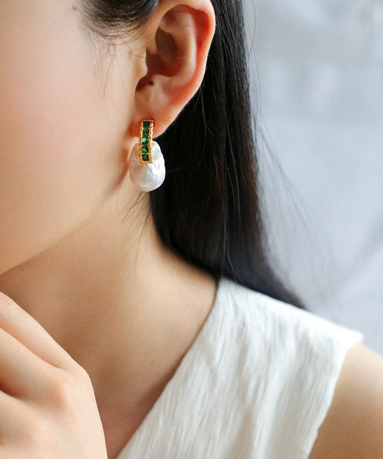 Vintage Baroque Pearl Emerald Earrings - floysun