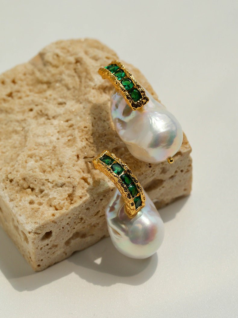 Vintage Baroque Pearl Emerald Earrings - floysun