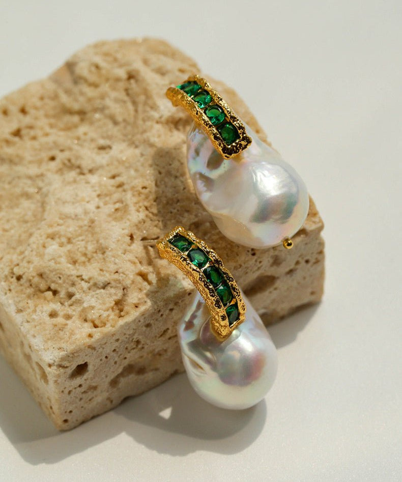 Vintage Baroque Pearl Emerald Earrings - floysun