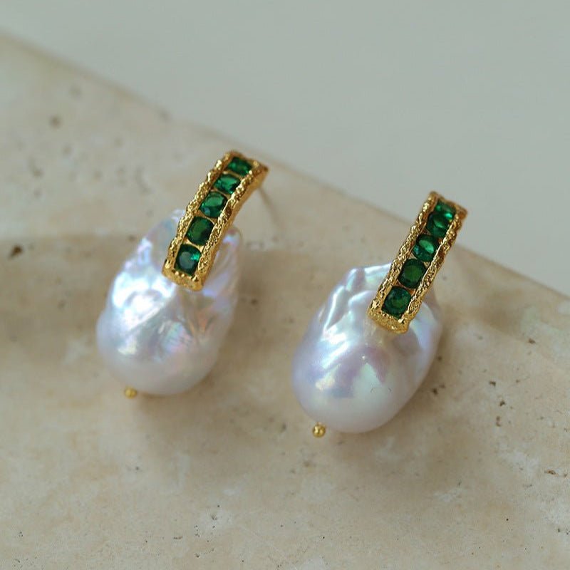 Vintage Baroque Pearl Emerald Earrings - floysun