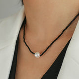 Vintage Black Onyx Pearl Collarbone Necklace - floysun