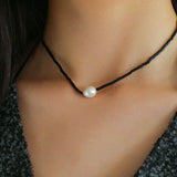 Vintage Black Onyx Pearl Collarbone Necklace - floysun