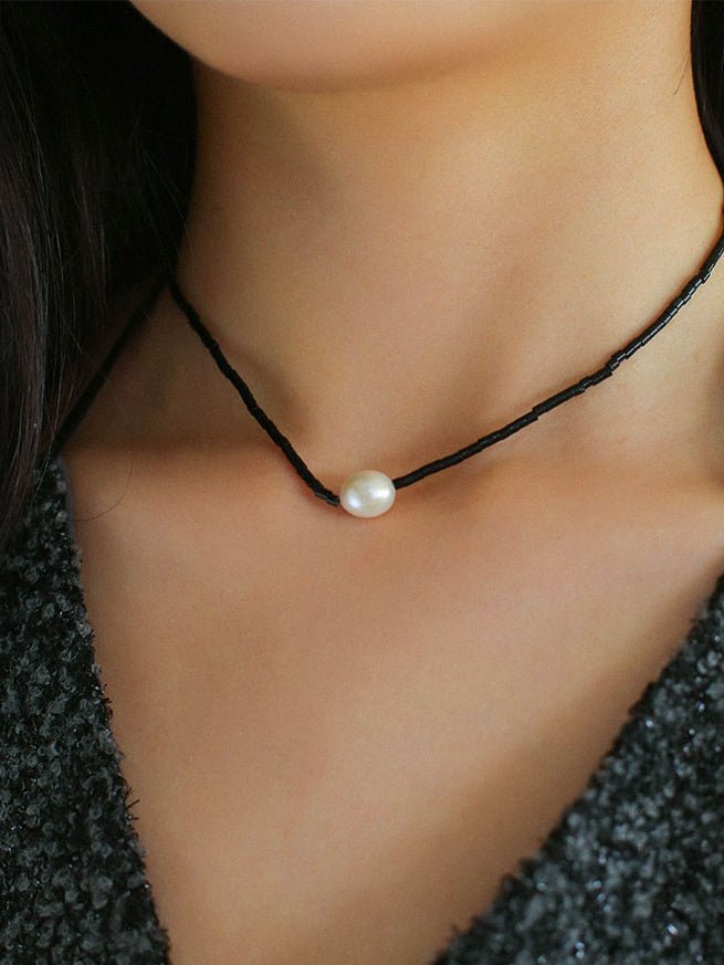 Vintage Black Onyx Pearl Collarbone Necklace - floysun