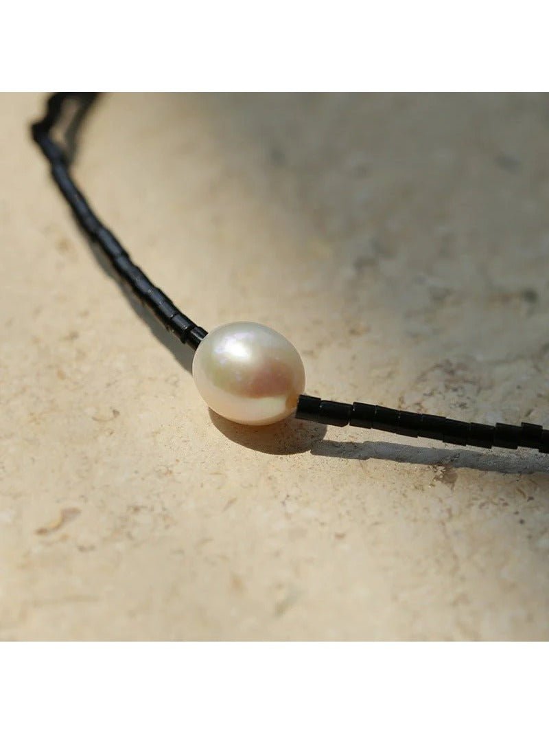 Vintage Black Onyx Pearl Collarbone Necklace - floysun