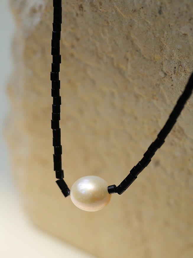 Vintage Black Onyx Pearl Collarbone Necklace - floysun